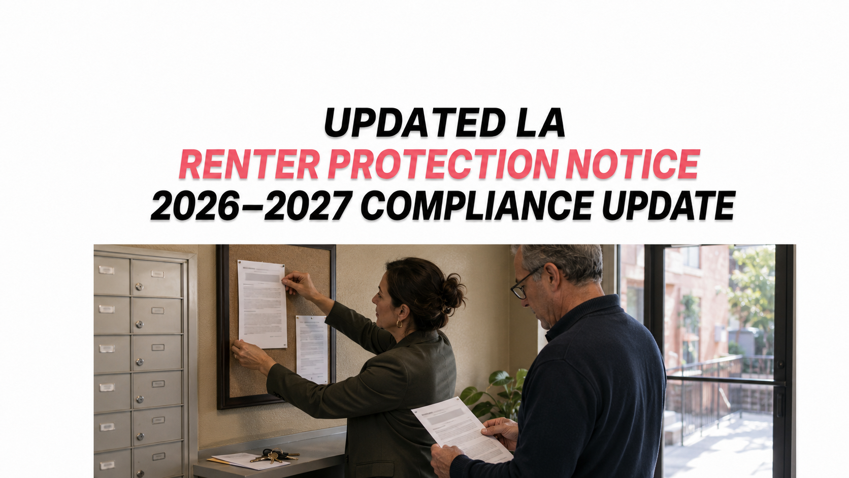 Los Angeles property manager posting the updated 2026–2027 Renter Protection Notice in an apartment building.